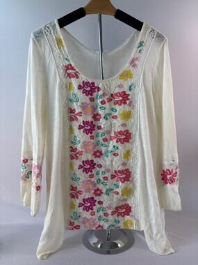 Floral Embroidered Lace Linen Blend Boho long Slv Top Cream M Anthropologie